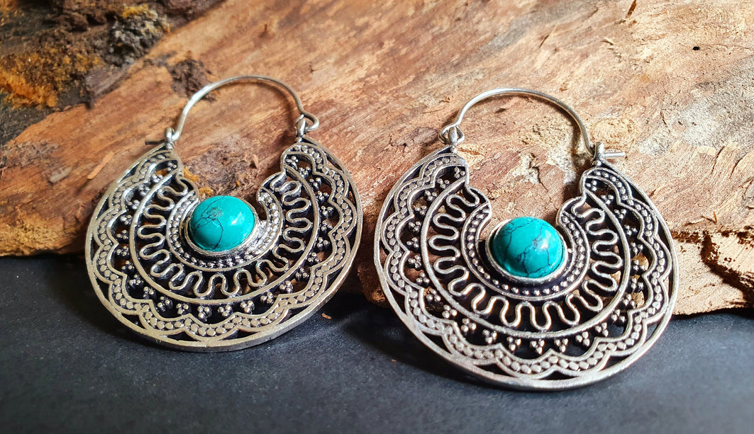Turquoise Silver Hoop Earrings Ethnic, rustic, yoga, hippie, gypsy, pretty, psy, boho, bohemian, festival