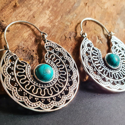 Turquoise Silver Hoop Earrings Ethnic, rustic, yoga, hippie, gypsy, pretty, psy, boho, bohemian, festival