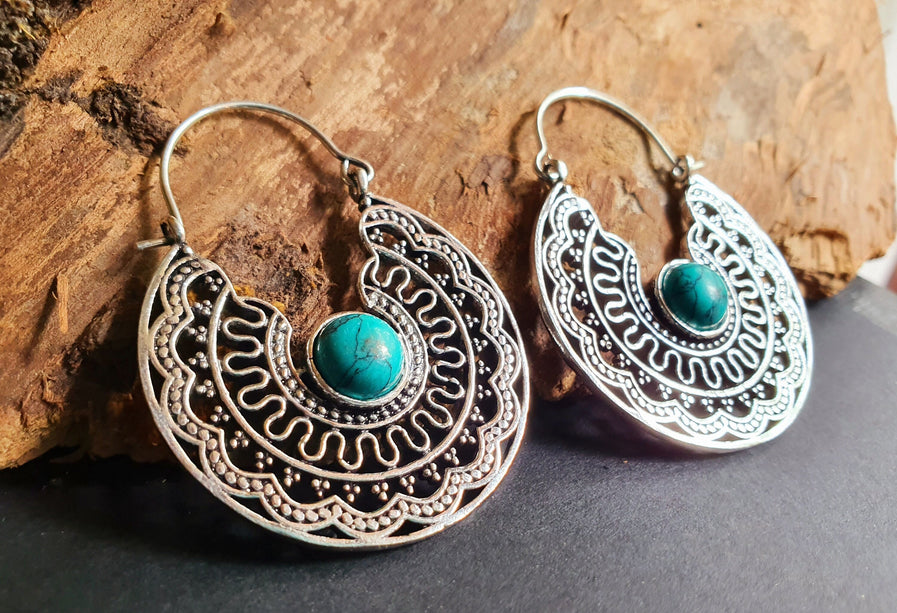 Turquoise Silver Hoop Earrings Ethnic, rustic, yoga, hippie, gypsy, pretty, psy, boho, bohemian, festival