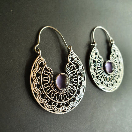 Amethyst & Silver Hoop Earrings Ethnic, rustic, yoga, hippie, gypsy, pretty, psy, boho, bohemian, festival