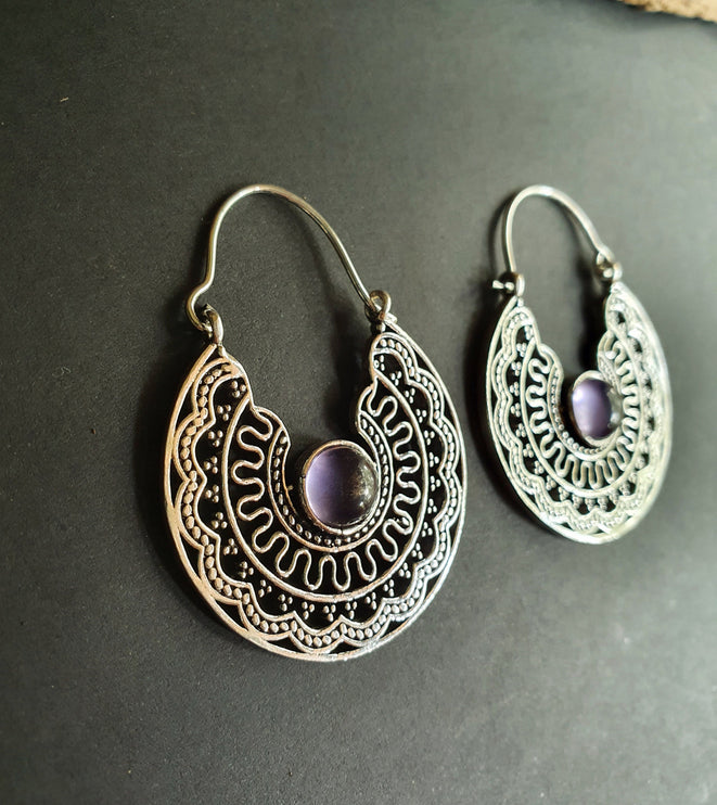 Amethyst & Silver Hoop Earrings Ethnic, rustic, yoga, hippie, gypsy, pretty, psy, boho, bohemian, festival