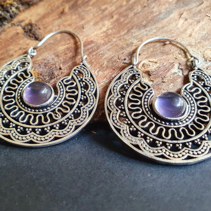 Amethyst & Silver Hoop Earrings Ethnic, rustic, yoga, hippie, gypsy, pretty, psy, boho, bohemian, festival