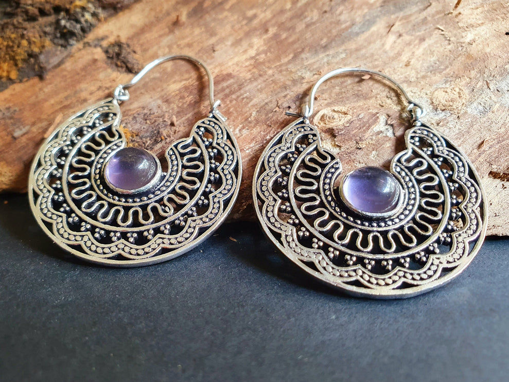 Amethyst & Silver Hoop Earrings Ethnic, rustic, yoga, hippie, gypsy, pretty, psy, boho, bohemian, festival