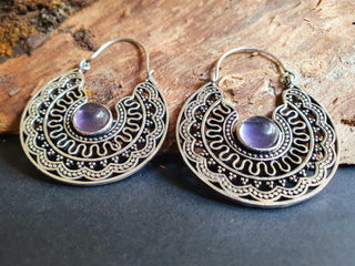 Amethyst & Silver Hoop Earrings Ethnic, rustic, yoga, hippie, gypsy, pretty, psy, boho, bohemian, festival