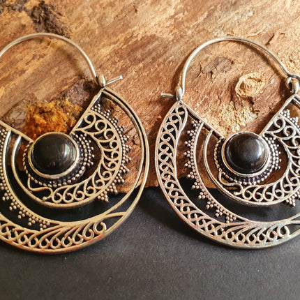 Black Onyx & Silver Hoop Earrings Ethnic, rustic, yoga, hippie, gypsy, pretty, psy, boho, bohemian, festival