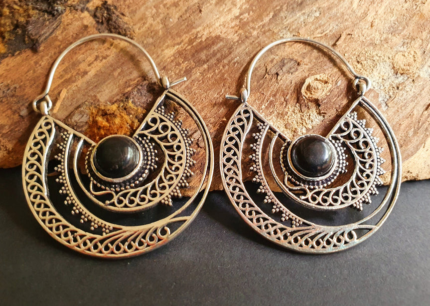 Black Onyx & Silver Hoop Earrings Ethnic, rustic, yoga, hippie, gypsy, pretty, psy, boho, bohemian, festival