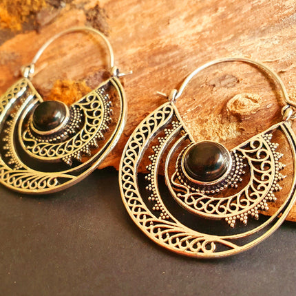 Black Onyx & Silver Hoop Earrings Ethnic, rustic, yoga, hippie, gypsy, pretty, psy, boho, bohemian, festival