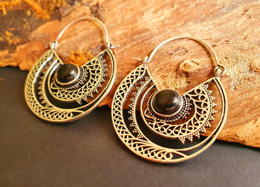 Black Onyx & Silver Hoop Earrings Ethnic, rustic, yoga, hippie, gypsy, pretty, psy, boho, bohemian, festival