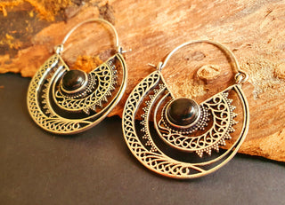 Black Onyx & Silver Hoop Earrings Ethnic, rustic, yoga, hippie, gypsy, pretty, psy, boho, bohemian, festival