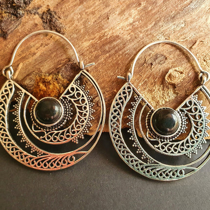 Black Onyx & Silver Hoop Earrings Ethnic, rustic, yoga, hippie, gypsy, pretty, psy, boho, bohemian, festival