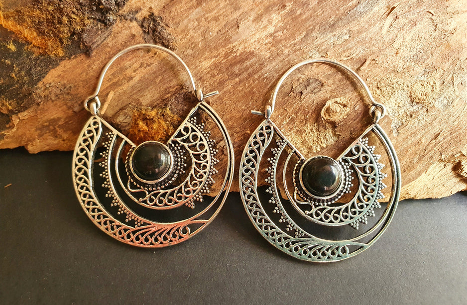 Black Onyx & Silver Hoop Earrings Ethnic, rustic, yoga, hippie, gypsy, pretty, psy, boho, bohemian, festival