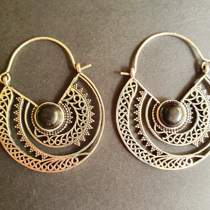 Black Onyx & Silver Hoop Earrings Ethnic, rustic, yoga, hippie, gypsy, pretty, psy, boho, bohemian, festival