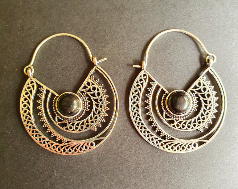 Black Onyx & Silver Hoop Earrings Ethnic, rustic, yoga, hippie, gypsy, pretty, psy, boho, bohemian, festival