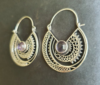 Amethyst & Silver Hoop Earrings Ethnic, rustic, yoga, hippie, gypsy, pretty, psy, boho, bohemian, festival