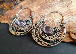 Amethyst & Silver Hoop Earrings Ethnic, rustic, yoga, hippie, gypsy, pretty, psy, boho, bohemian, festival