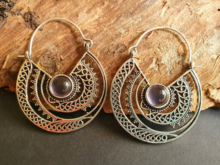 Amethyst & Silver Hoop Earrings Ethnic, rustic, yoga, hippie, gypsy, pretty, psy, boho, bohemian, festival