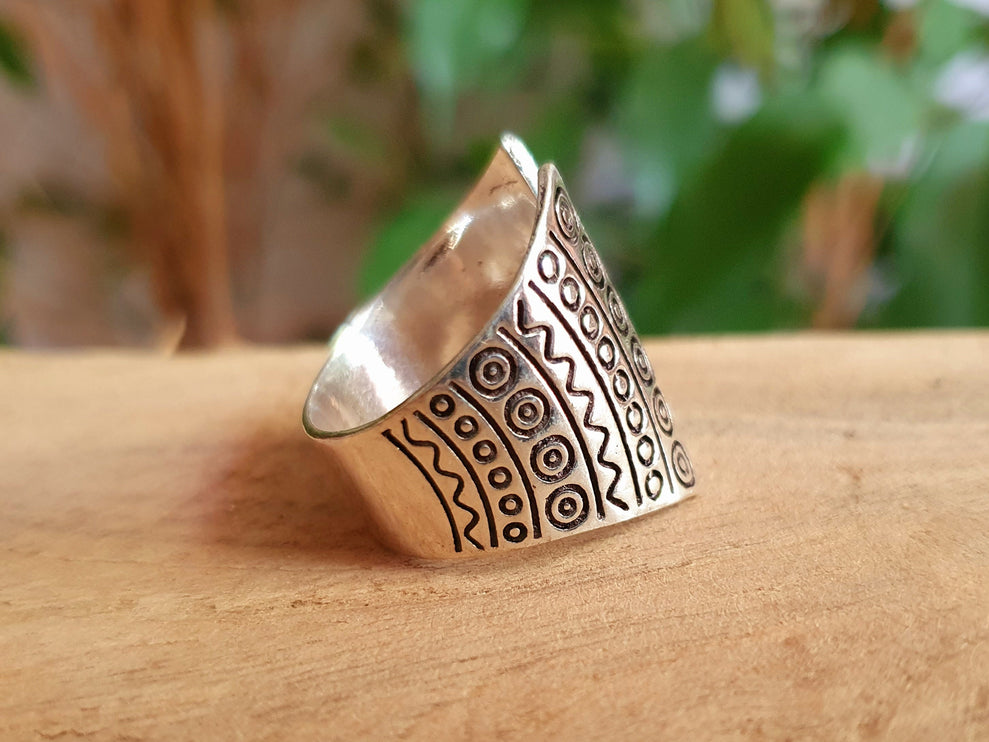 Aztec Silver Ring / Unisex / Mens / Inca / Geometric / Boho / Ethnic / Rustic / Festival / Bohemian / Hippie / Gypsy / Psy