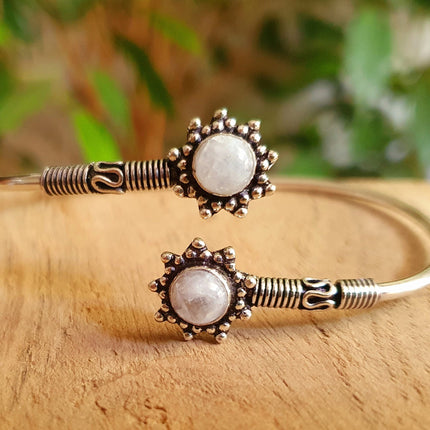 Moonstone Bracelet Bali Flower Silver Bangle / Ethnic / Rustic / Bohemian / Hippie / Gypsy / Psy / Adjustable