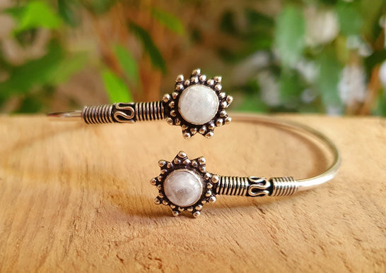 Moonstone Bracelet Bali Flower Silver Bangle / Ethnic / Rustic / Bohemian / Hippie / Gypsy / Psy / Adjustable