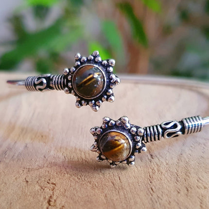 Bali Flower Silver Bracelet / Tiger Eye / Bangle / Ethnic / Rustic / Bohemian / Hippie / Gypsy / Psy / Adjustable