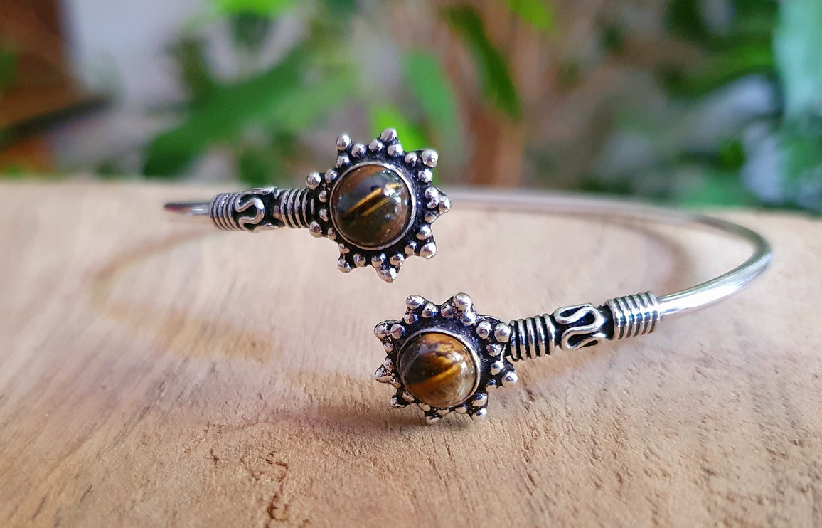 Bali Flower Silver Bracelet / Tiger Eye / Bangle / Ethnic / Rustic / Bohemian / Hippie / Gypsy / Psy / Adjustable