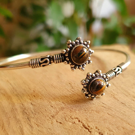 Bali Flower Silver Bracelet / Tiger Eye / Bangle / Ethnic / Rustic / Bohemian / Hippie / Gypsy / Psy / Adjustable