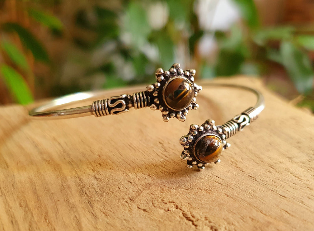 Bali Flower Silver Bracelet / Tiger Eye / Bangle / Ethnic / Rustic / Bohemian / Hippie / Gypsy / Psy / Adjustable