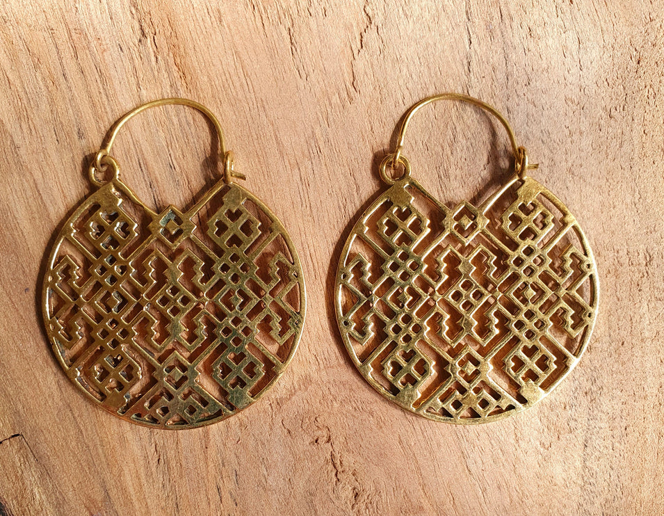 Aztec Hoops Inca Style Brass Earrings; Ethnic, Geometric, rustic, yoga, hippie, gypsy, pretty, psy, boho, bohemian, festival