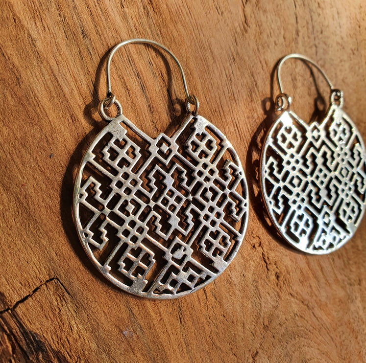 Aztec Hoops Inca Style Silver Earrings; Ethnic, Geometric, rustic, yoga, hippie, gypsy, pretty, psy, boho, bohemian, festival