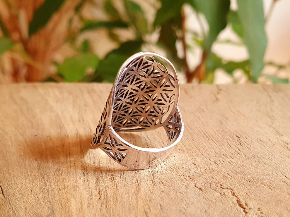 Flower of Life Geometric Mandala Silver Ring / Boho / Ethnic / Rustic / Festival / Tribal / Hippie / Gypsy / Psy / Thumb / Psy