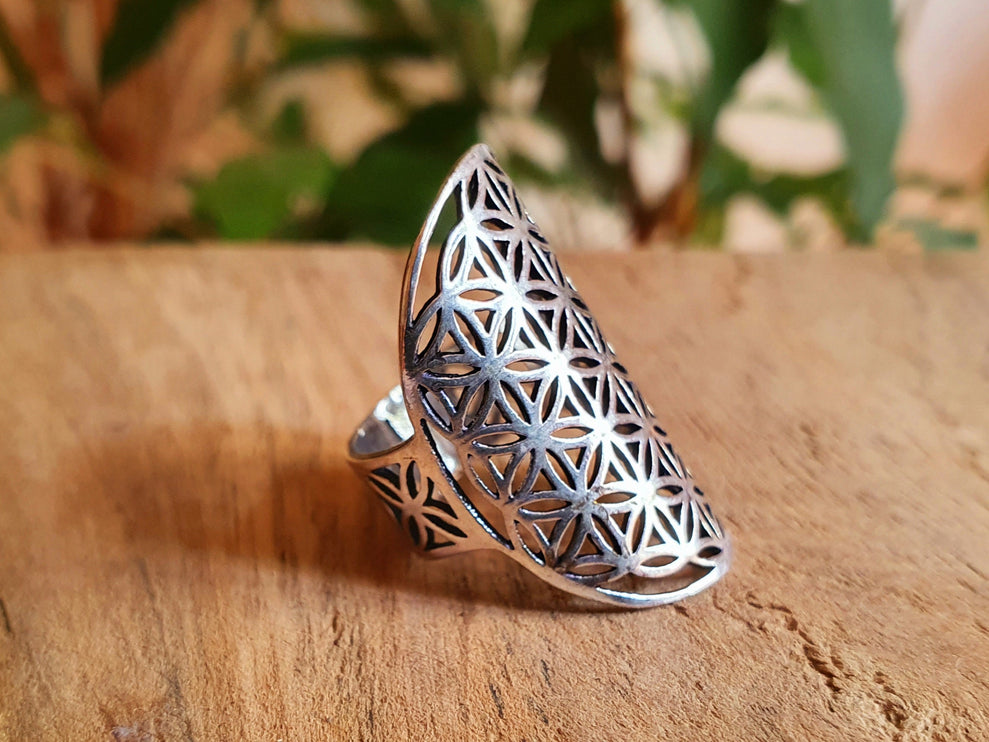 Flower of Life Geometric Mandala Silver Ring / Boho / Ethnic / Rustic / Festival / Tribal / Hippie / Gypsy / Psy / Thumb / Psy