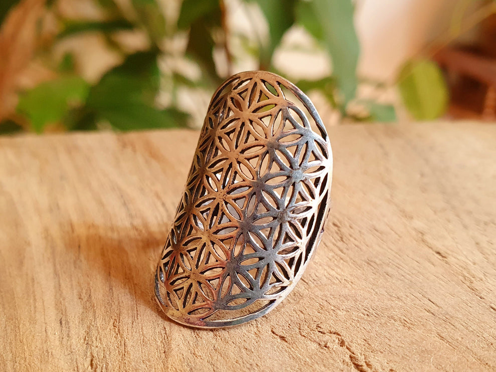 Flower of Life Geometric Mandala Silver Ring / Boho / Ethnic / Rustic / Festival / Tribal / Hippie / Gypsy / Psy / Thumb / Psy