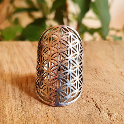 Flower of Life Geometric Mandala Silver Ring / Boho / Ethnic / Rustic / Festival / Tribal / Hippie / Gypsy / Psy / Thumb / Psy