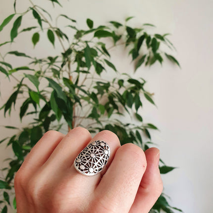 Boho Silver Ring Geometric Stars Mandala / Boho / Ethnic / Rustic / Festival / Tribal / Hippie / Gypsy / Psy / Thumb / Psy