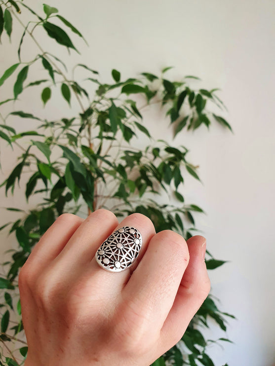 Boho Silver Ring Geometric Stars Mandala / Boho / Ethnic / Rustic / Festival / Tribal / Hippie / Gypsy / Psy / Thumb / Psy