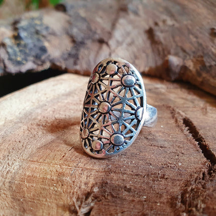 Boho Silver Ring Geometric Stars Mandala / Boho / Ethnic / Rustic / Festival / Tribal / Hippie / Gypsy / Psy / Thumb / Psy