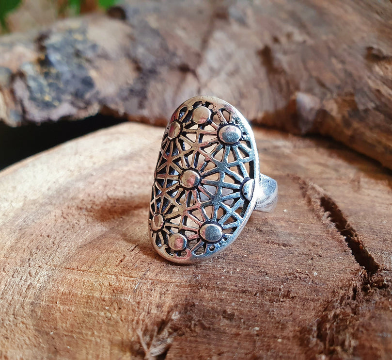 Boho Silver Ring Geometric Stars Mandala / Boho / Ethnic / Rustic / Festival / Tribal / Hippie / Gypsy / Psy / Thumb / Psy