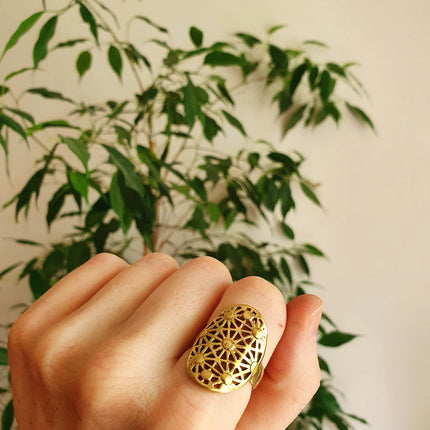 Gold Boho Ring Geometric Stars Mandala Brass / Boho / Ethnic / Rustic / Festival / Tribal / Hippie / Gypsy / Psy / Thumb / Psy