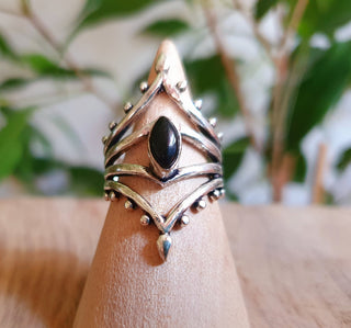 Boho Indian Black Onyx Silver Ring / Ethnic / Rustic / Festival / Tribal / Black / Hippie / Gypsy / Psy / Stone / Healing / Adjustable