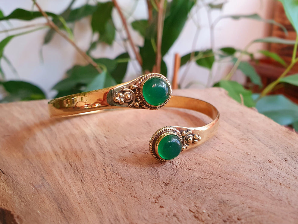 Boho Bracelet / Bangle / Green Onyx / Brass / Ethnic / Rustic / Bohemian / Hippie / Gypsy / Psy / Chic / Jewellery / Body / Adjustable