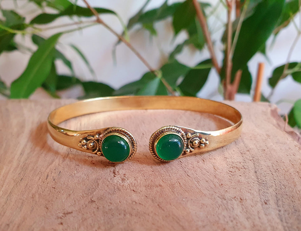 Boho Bracelet / Bangle / Green Onyx / Brass / Ethnic / Rustic / Bohemian / Hippie / Gypsy / Psy / Chic / Jewellery / Body / Adjustable