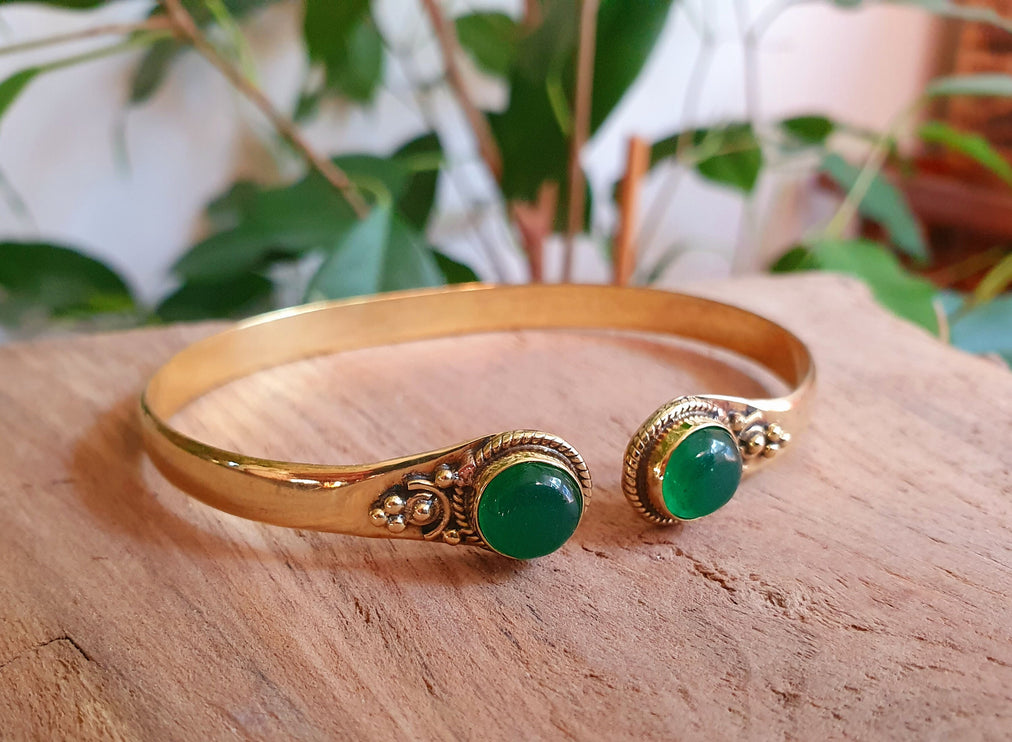 Boho Bracelet / Bangle / Green Onyx / Brass / Ethnic / Rustic / Bohemian / Hippie / Gypsy / Psy / Chic / Jewellery / Body / Adjustable