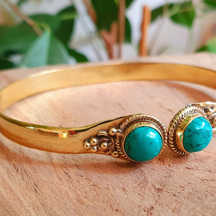 Spiral Boho Bracelet / Bangle / Turquoise / Brass / Arm Bracelet / Ethnic / Rustic / Bohemian / Hippie / Gypsy / Psy / Birthstone