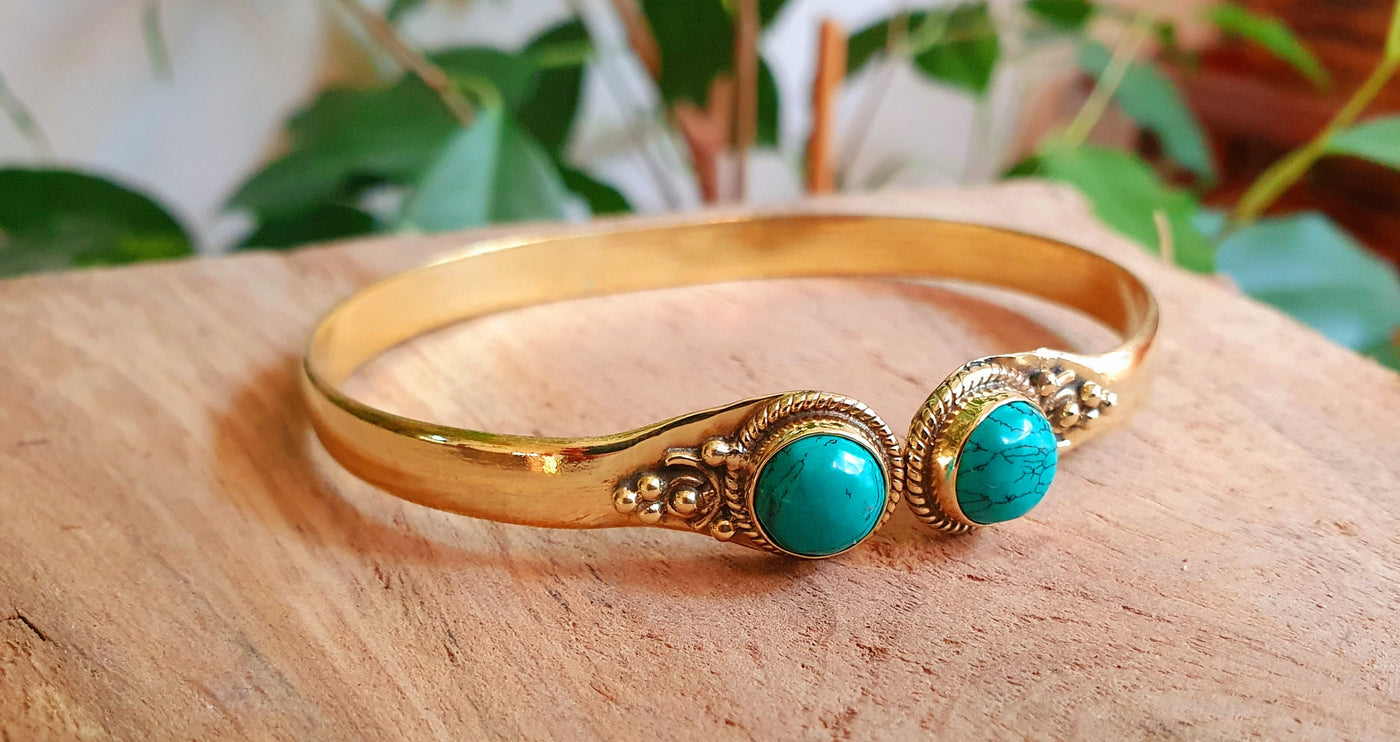 Spiral Boho Bracelet / Bangle / Turquoise / Brass / Arm Bracelet / Ethnic / Rustic / Bohemian / Hippie / Gypsy / Psy / Birthstone