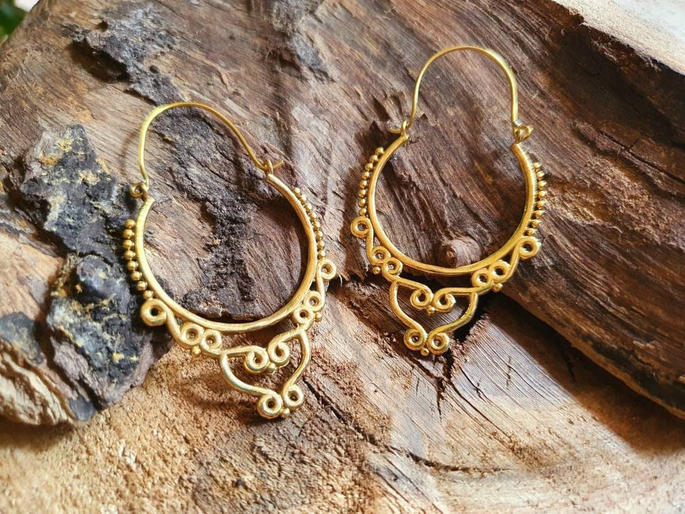 Gypsy Brass Hoop Earrings; Ethnic, Geometric, Rustic, Yoga, Hippie, Gypsy, Pretty, Psy, Boho, Bohemian, Festival