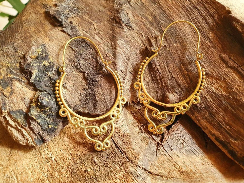 Gypsy Brass Hoop Earrings; Ethnic, Geometric, Rustic, Yoga, Hippie, Gypsy, Pretty, Psy, Boho, Bohemian, Festival