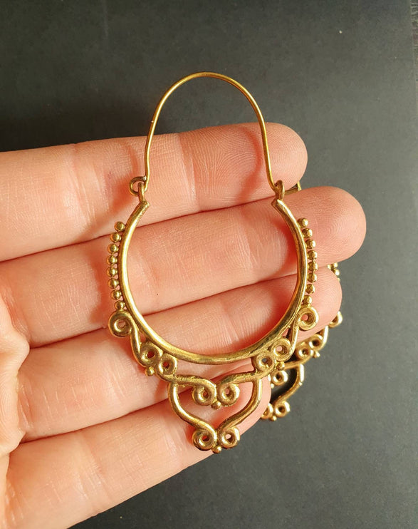 Gypsy Brass Hoop Earrings; Ethnic, Geometric, Rustic, Yoga, Hippie, Gypsy, Pretty, Psy, Boho, Bohemian, Festival