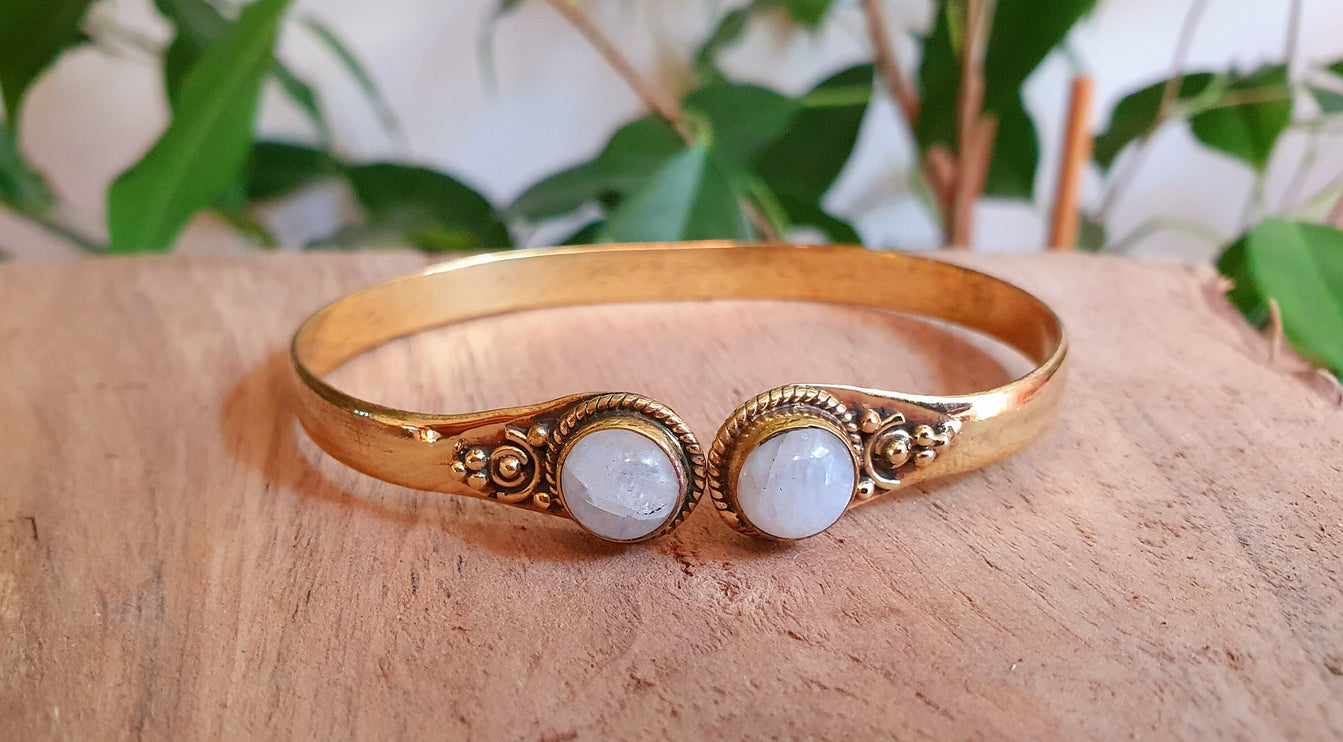 Moonstone Boho Bracelet / Bangle / Brass / Ethnic / Rustic / Bohemian / Hippie / Gypsy / Psy / Chic / Jewellery / Body / Adjustable