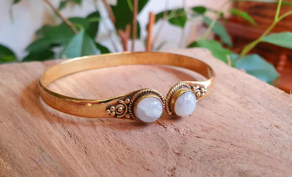 Moonstone Bracelet Boho Bangle / Brass / Ethnic / Rustic / Bohemian / Hippie / Gypsy / Psy / Chic / Jewellery / Body / Adjustable