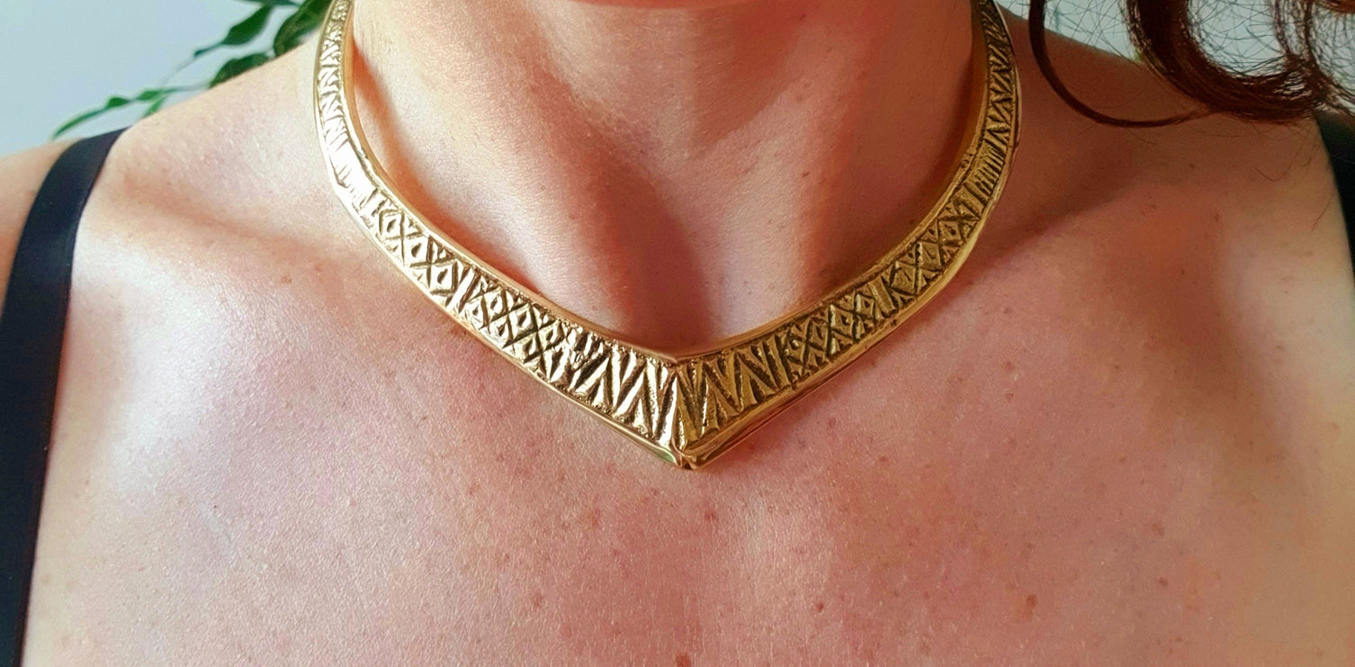 Ethnic Choker Brass Necklace / Rustic / Gypsy / Lightweight / Boho / Tribal / Hippie / Rustic / Vegan / Aztec